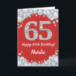 Happy 65. Geburtstagskarte Rot und Silberer Glitze Karte<br><div class="desc">Glückliche 65. Geburtstagskarte Rot und Silber Glitzer Card mit personalisiertem Namen. Für weitere Anpassungen klicken Sie bitte auf die Schaltfläche "Anpassen" und verwenden Sie unser Designwerkzeug,  um diese Vorlage zu ändern.</div>