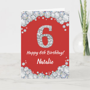 Happy 6. Geburtstagskarte Rot und Silber Glitzer C Karte