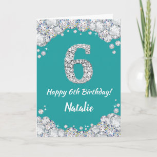 Happy 6th Birthday Aquamarin and Silver Glitzer Ca Karte
