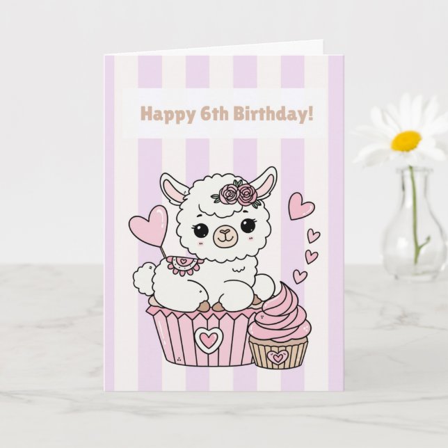 Happy 6th Birthday Cute Llama Girl Card Karte (Kleine Pflanze)