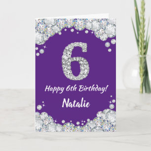 Happy 6th Birthday Lila and Silver Glitzer Card Karte