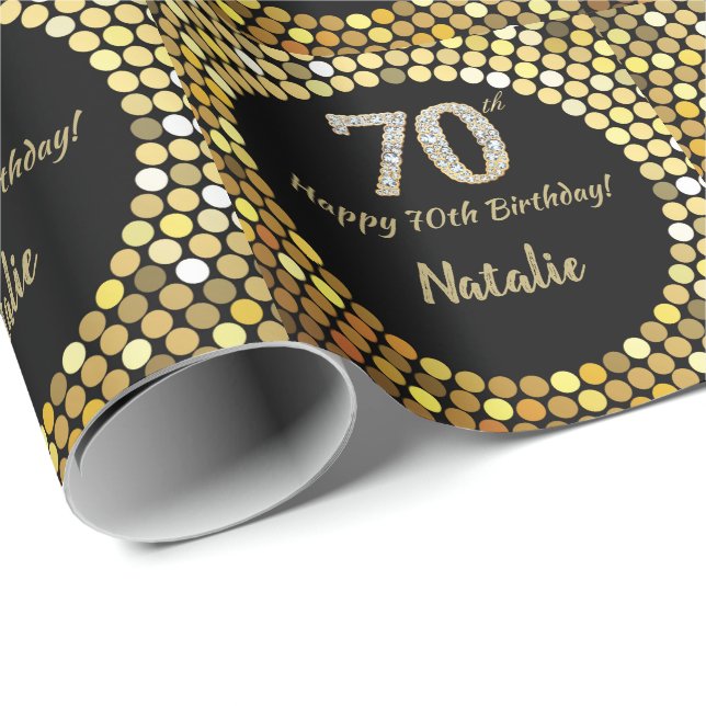 Happy 70. Geburtstag Black and Gold Glitzer Geschenkpapier (Rolleneckpunkt)