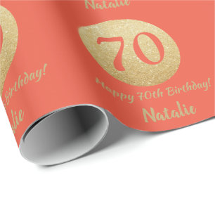 Happy 70. Geburtstag Coral Orange und Gold Glitzer Geschenkpapier