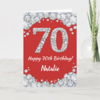 Happy 70. Geburtstagskarte Rot und Silber Glitzer 