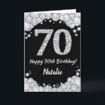 Happy 70. Geburtstagskarte Schwarz/Silber Glitzer  Karte<br><div class="desc">Glückliche 70. Geburtstagskarte Black and Silver Glitzer Card mit personalisiertem Namen. Für weitere Anpassungen klicken Sie bitte auf die Schaltfläche "Anpassen" und verwenden Sie unser Designwerkzeug,  um diese Vorlage zu ändern.</div>