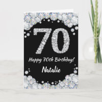 Happy 70. Geburtstagskarte Schwarz/Silber Glitzer