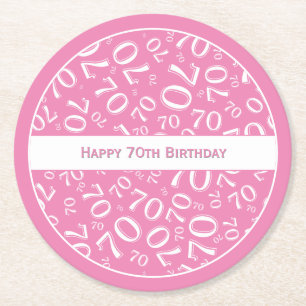 "Happy 70 th Birthday" Pink/White Number Pattern Runder Pappuntersetzer
