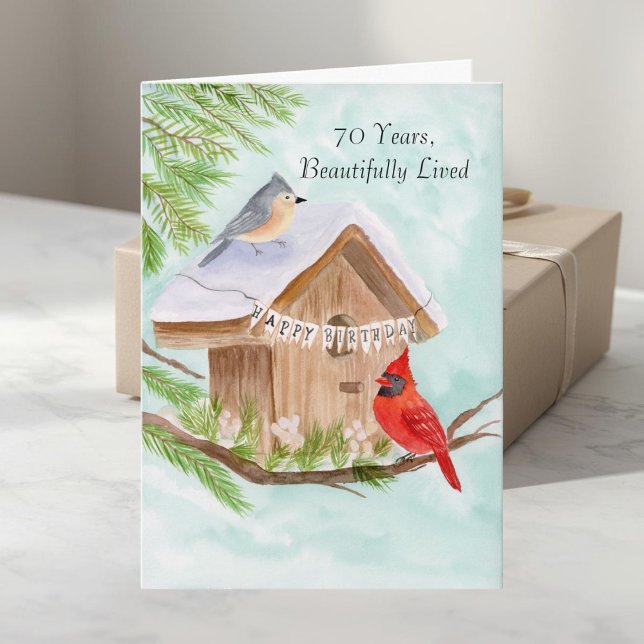 Happy 70th Birthday Birds at Birdhouse Karte (Von Creator hochgeladen)