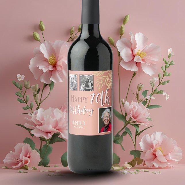 Happy 70th Birthday Gold Foliage 3 Photo  Weinetikett (Von Creator hochgeladen)