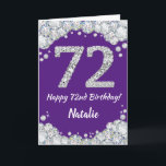 Happy 72. Geburtstagskarte Lila und Silver Glitzer Karte<br><div class="desc">Happy 72. Geburtstag Lila und Silver Glitzer Card mit personalisiertem Namen. Für weitere Anpassungen klicken Sie bitte auf die Schaltfläche "Anpassen" und verwenden Sie unser Designwerkzeug,  um diese Vorlage zu ändern.</div>