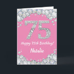 Happy 75. Geburtstagskarte Pink und Silver Glitzer Karte<br><div class="desc">Glückliche 75. Geburtstagskarte Pink und Silver Glitzer Card mit personalisiertem Namen. Für weitere Anpassungen klicken Sie bitte auf die Schaltfläche "Anpassen" und verwenden Sie unser Designwerkzeug,  um diese Vorlage zu ändern.</div>