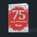 Happy 75. Geburtstagskarte Rot und Silber Glitzer  Karte<br><div class="desc">Happy 75. Geburtstagskarte Rot und Silber Glitzer Card mit personalisiertem Namen. Für weitere Anpassungen klicken Sie bitte auf die Schaltfläche "Anpassen" und verwenden Sie unser Designwerkzeug,  um diese Vorlage zu ändern.</div>