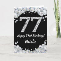 Happy 77. Geburtstagskarte Black and Silver Glitze