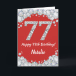 Happy 77. Geburtstagskarte Rot und Silber Glitzer  Karte<br><div class="desc">Happy 77. Geburtstagskarte Rot und Silber Glitzer Card mit personalisiertem Namen. Für weitere Anpassungen klicken Sie bitte auf die Schaltfläche "Anpassen" und verwenden Sie unser Designwerkzeug,  um diese Vorlage zu ändern.</div>