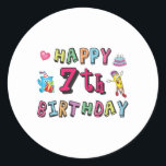 Happy 7th Birthday 7 year old wishes Runder Aufkleber<br><div class="desc">Happy 7th Birthday. Funny and cute Birthday design with lovely teddy bear holding a gift and a funny pencil writing the birthday wishes. A perfect match for clothing,  shirts and accessories.</div>