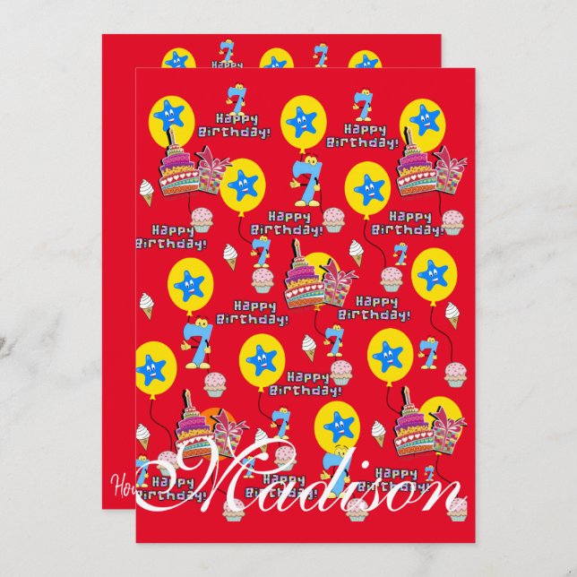 Happy 7th Birthday Einladung Geburtstag #7 Red (Vorne/Hinten)