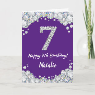 Happy 7th Birthday Lila and Silver Glitzer Card Karte