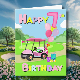 Happy 7th Birthday Polka Dot Pink Girly Golf Card Karte