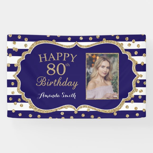 Happy 80. Geburtstag Banner Navy Blue Gold Foto (Horizontal)