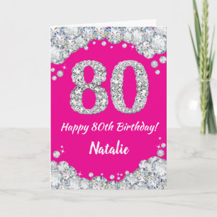Happy 80. Geburtstag Hot Pink und Silver Glitzer Karte