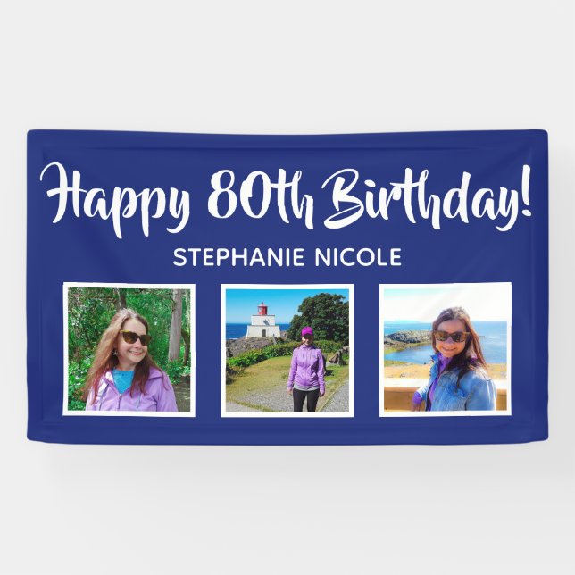 Happy 80. Geburtstag Navy Blue Personalisierte Fot Banner (Horizontal)