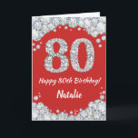 Happy 80. Geburtstagskarte Rot und Silber Glitzer  Karte<br><div class="desc">Glückliche 80. Geburtstagskarte Rot und Silber Glitzer Card mit personalisiertem Namen. Für weitere Anpassungen klicken Sie bitte auf die Schaltfläche "Anpassen" und verwenden Sie unser Designwerkzeug,  um diese Vorlage zu ändern.</div>