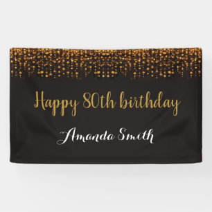 Happy 80th Birthday Banner. Black and Gold Glitter Banner