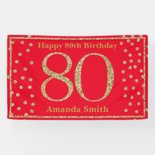 Happy 80th Birthday Banner Red and Gold Glitter