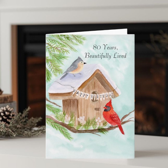  Happy 80th Birthday Birds at Birdhouse Karte (Von Creator hochgeladen)