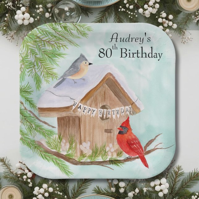  Happy 80th Birthday Birds at Birdhouse Pappteller (Von Creator hochgeladen)