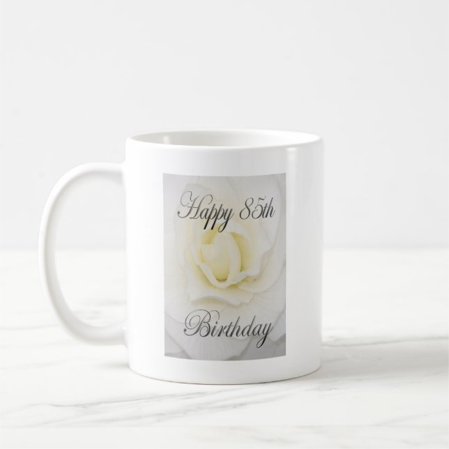 Happy 85. Geburtstag Weiße Blume Kaffeetasse (Links)
