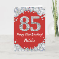 Happy 85. Geburtstagskarte Rot und Silber Glitzer