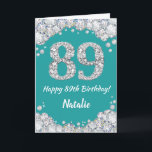 Happy 89. Geburtstagskarte Aquamarin und Silver Gl Karte<br><div class="desc">Glücklich 89. Geburtstag Aquamarin Türkisaqua und Silver Glitzer Card mit personalisiertem Namen. Für weitere Anpassungen klicken Sie bitte auf die Schaltfläche "Anpassen" und verwenden Sie unser Designwerkzeug,  um diese Vorlage zu ändern.</div>