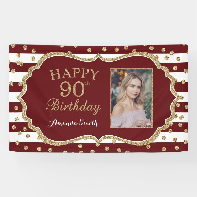 Happy 90. Geburtstag Banner Burgund und Gold Foto (Horizontal)