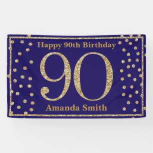 Happy 90. Geburtstag Banner Navy Blue Gold Glitzer