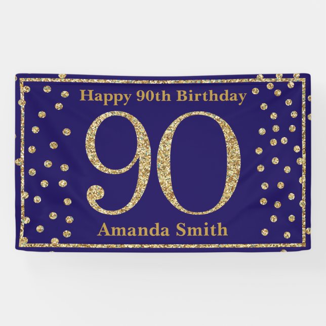 Happy 90. Geburtstag Banner Navy Blue Gold Glitzer (Horizontal)