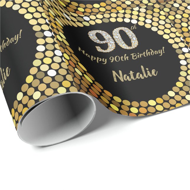 Happy 90. Geburtstag Black and Gold Glitzer Geschenkpapier (Rolleneckpunkt)
