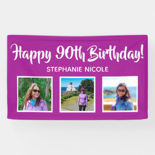 Happy 90. Geburtstag Pink Personalisiert 3 Fotos Banner