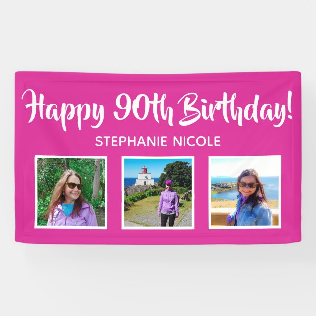 Happy 90. Geburtstag Pink Personalisiert 3 Fotos Banner (Horizontal)