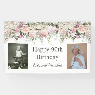 Happy 90. Geburtstag Pink Roses Floral 2 Fotos Banner