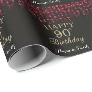 Happy 90. Geburtstag Red Black und Gold Glitzer Geschenkpapier