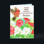 Happy 90. Geburtstag Special Friend Petunias Finch Karte<br><div class="desc">Eine individuelle Name- und Geburtstagskarte für einen besonderen Gast mit einer kleinen Finke,  die einen Garten mit Blume aus roten und weißen Petunien besichtigt,  die mit Aquarellen bemalt sind. Auf der Vorderseite können Sie Alter und Namen anpassen. Im Inneren können Sie die Nachricht und die Farbe anpassen.</div>