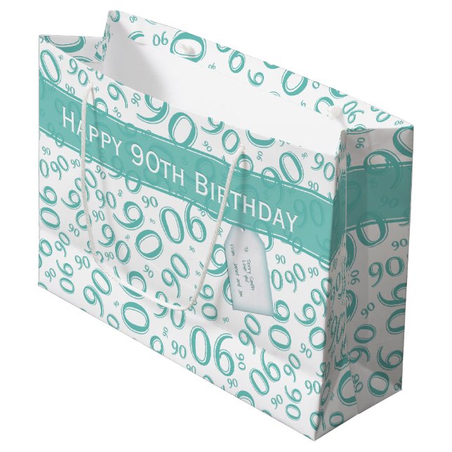Happy 90. Random Number Pattern Aquamarin/weiß Große Geschenktüte (Vorderseite Schrägansicht)