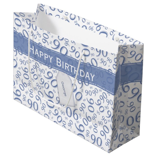 Happy 90. Random Number Pattern Blau/Weiß Große Geschenktüte (Vorderseite Schrägansicht)