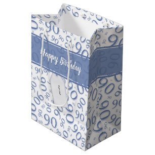 Happy 90. Random Number Pattern Blau/Weiß Mittlere Geschenktüte