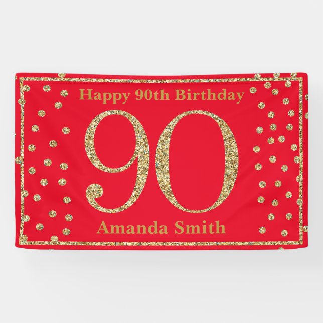Happy 90th Birthday Banner Red and Gold Glitter (Horizontal)