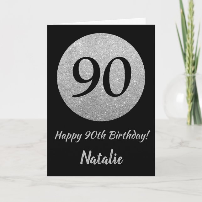 Happy 90th Birthday Black and Silver Glitter Card Karte (Vorderseite)