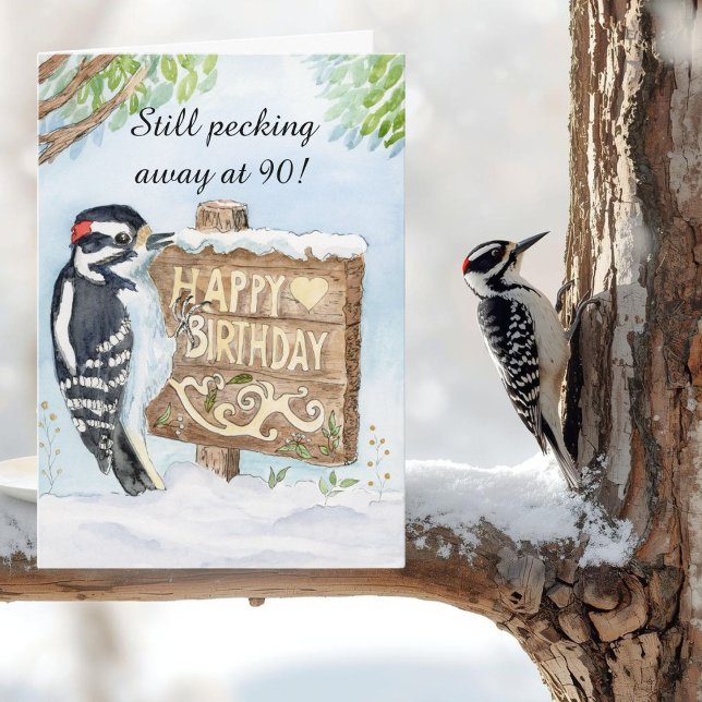 Happy 90th Birthday Downy Woodpecker Karte (Von Creator hochgeladen)