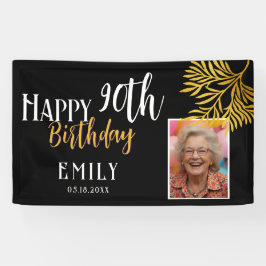 Happy 90th Birthday Gold Foliage Photo Backdrop Banner