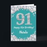 Happy 91. Geburtstagskarte Aquamarin und Silver Gl Karte<br><div class="desc">Happy 91. Geburtstag Aquamarin Türkis Aqua und Silver Glitzer Card mit personalisiertem Namen. Für weitere Anpassungen klicken Sie bitte auf die Schaltfläche "Anpassen" und verwenden Sie unser Designwerkzeug,  um diese Vorlage zu ändern.</div>